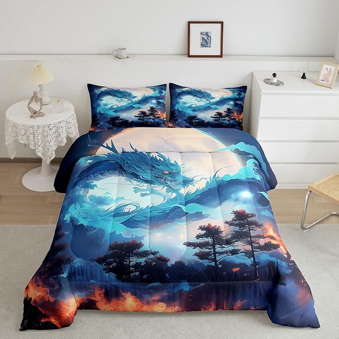 Blue Dragon Comforter Set Queen Size,Volcano Moon Starry Sky Bedding Set,Kids Boys Girls Room Decor Jungle Animals Western Magical Quilt Set Exotic Trippy Wildlife Style Duvet Insert,2 Pillowcases