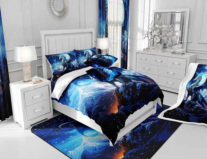 Dragon Comforter Set Twin Size,Snow Mountain Starry Sky Galaxy Bedding Set for Kids Boys Men Teens Room Decor,Glitter Star Trippy Quilt Set 2Pcs,Western Magical Animal Blue Duvet Insert,1 Pillowcase