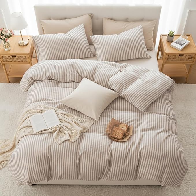 Nayoroom Striped Duvet Cover Queen Size - 100% Washed Cotton White Duvet Cover with Brown Stripes Pattern, 3 Pieces Soft Breathable Girls Dorm Bedding Set for Hot Sleepers, Yarn Dyed Process