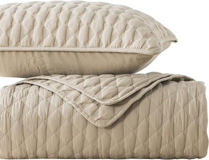 Beige Quilt Queen Size Bedding Sets with Pillow Shams, Lightweight Soft Bedspread Coverlet, Quilted Blanket Thin Comforter Bed Cover, All Season Summer Spring, Tan Cream, 3 Pieces, 90x90 inches