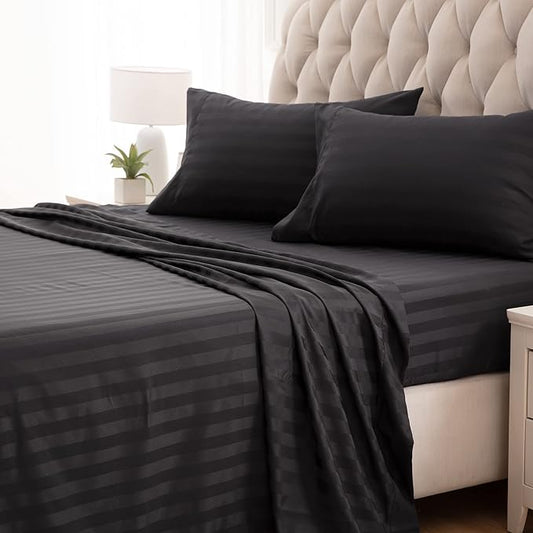 SLEEP ZONE Striped Cooling Queen Sheets Set - Fitted Flat Sheet & Pillowcase Sets 4 Piece - Super Soft Stripe Bed Sheet, Easy Care, Deep Pocket (Black, Queen)