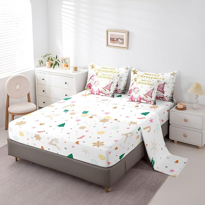Gold Snowflake Full Comforter Set with Sheets Bed in a Bag 7 Pcs,Pink Santa Snowman Christmas Trees Bed Set,Watercolor Winter Bedding Sets with Comforter,Flat,Fitted Sheet,Pillowcases,Pillow Covers