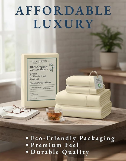 LANE LINEN 100% Organic Cotton California King Sheets Set, 4-Piece Pure Organic Cotton Long Staple Percale Weave Soft Best Bedding Sheets for Bed, Breathable, Fits Mattress Upto 15" Deep - Natural