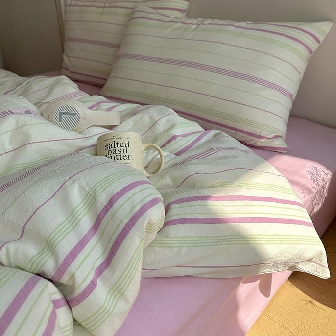 EAVD Vintage Striped Comforter Set Queen Soft Cotton Retro Purple&Green Vertical Striped Bedding Set with 2 Pillowcases Boho Geometric Pattern Comforter Set for All-Season Breathable Lightweight