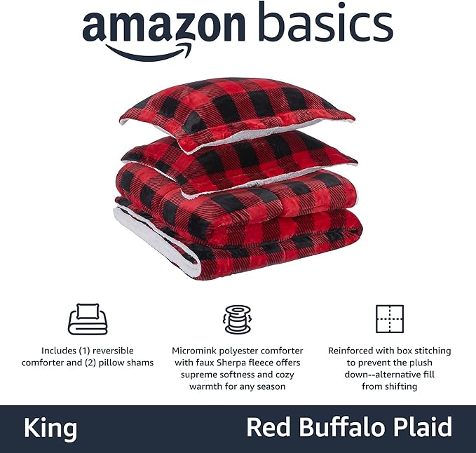 Amazon Basics 3-Piece Ultra-Soft Micromink Sherpa Bedding Set, Warm All Season Comforter, King, Red Buffalo Plaid