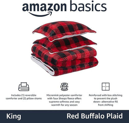 Amazon Basics 3-Piece Ultra-Soft Micromink Sherpa Bedding Set, Warm All Season Comforter, King, Red Buffalo Plaid