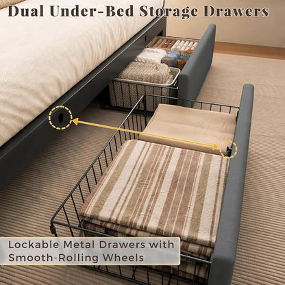 Queen Bed Frame with 2 Storage Drawers, Grey Velvet Upholstered | Platform Bed with Charging Ledge, LED Headboard Lighting, Metal Support, Noise Free, No Box Spring Needed, Easy Assembly