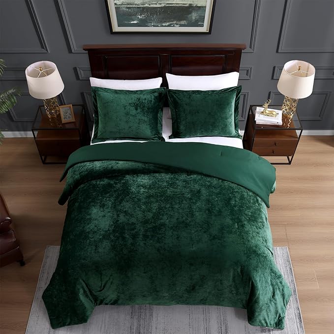 TAMGHO Crushed Velvet Comforter King Set, Dark Green Luxury Soft Velvet Bedding Set for All Seasons, 3 Pcs Bed Set, 1 Comforter (108"x96") and 2 Pillow Shams (20"x36")