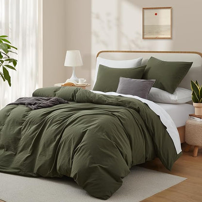 LOVQUE Olive Green Cotton Duvet Cover Queen Size, Linen Like Natural Bedding Set with Zipper Closure (No Comforter), 90x90 Inches