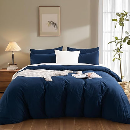 NEXHOME PRO Duvet Cover Set 100% Washed Cotton California Kingn 104"x98", Organic Natural Linen Look Textured 3 Pieces Bedding Set with Zipper Closure, Breathable (No Comforter) 10498
