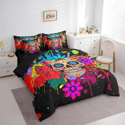 Erosebridal Goth Sugar Skull Bed in a Bag Queen Comforter Set 7 Piece,Rainbow Tie Dye Bedding Sets Bohemian Flowers Sheet Set with Comforter