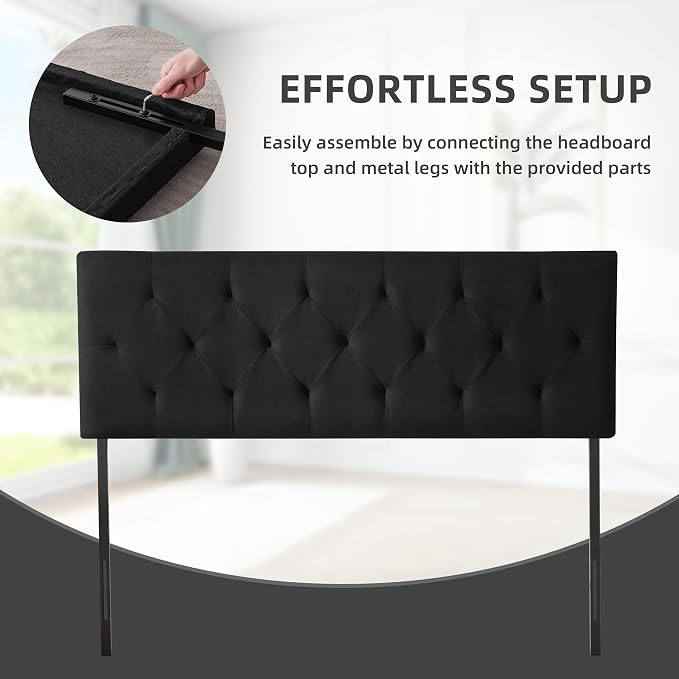 Linen Headboard King Size, Adjustable Height Headboard 37-51 in, Black | Diamond Tufting Solid Wood King Headboards, Durable Metal Legs, Upholstered King Head Board for Bed Frame, Modern Fabric