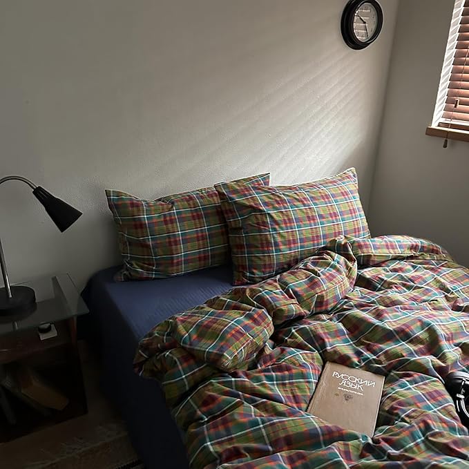 MKXI Buffalo Plaid Duvet Cover Set 3 Piece Vintage Bedding in Kelly Green, Navy & Red | 100% Washed Cotton Reversible Design with Zipper Closure & Corner Ties,Shabby Chic Aesthetic for Queen