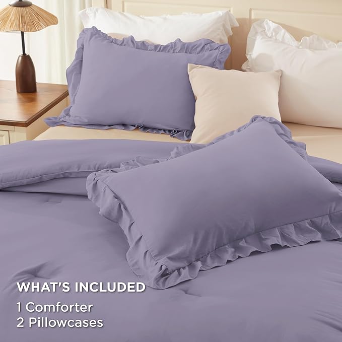 Andency Grayish Purple California King Comforter Set, 3 Pieces Lightweight Fluffy Farmhouse Shabby Chic Bedding Comforter Sets, Soft Polyester All Season Cal King Bed Sets(104x96Inch)