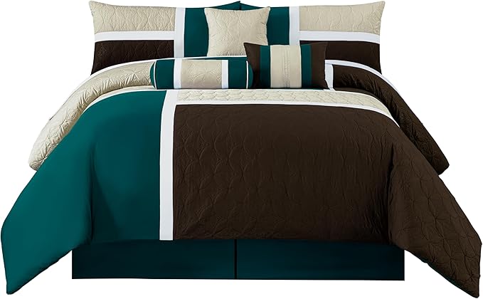 Chezmoi Collection Upland 7-Piece Quilted Patchwork Comforter Set, Teal/Beige/Brown, California King