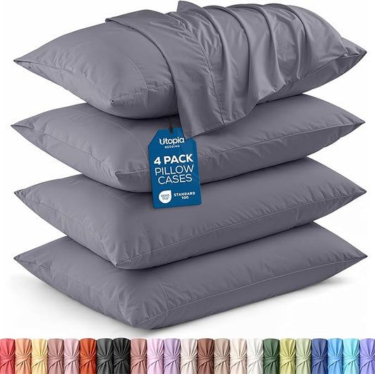 Utopia Bedding Standard Pillow Cases - 4 Pack - Envelope Closure - Soft Brushed Microfiber Fabric - Shrinkage and Fade Resistant Pillow Covers Standard Size 20 X 26 Inches (Standard, Grey)