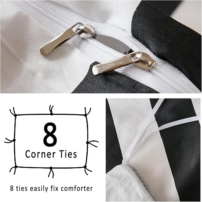 Merryword Black and White Striped Duvet Cover Set King Size - 100% Cotton Duvet Cover Set with Zipper Closure & 8 Corner Ties, 3-Piece Luxury Linen Like Bedding Set for All Seasons