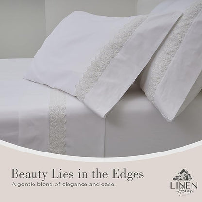 Linen Home 100% Cotton Percale Floral Scallop Lace Pillowcases Queen/Standard Size, White, 2 Pieces of Pillow Case, Crisp and Cool Strong Bed Linen, 20 inches X 30 inches