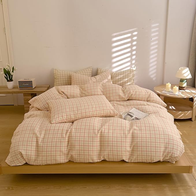 EAVD Vintage Pink&Green Gingham Plaid Duvet Cover King Soft 100% Muslin Cotton Retro Grid Checkered Bedding Set with 2 Pillowcases Farmhouse Grid Geometric Duvet Cover with Zipper Closure