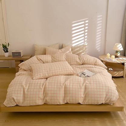 Plaid Full Duvet Cover Cotton Pink Full Comforter Cover Double Gauze Soft Boho Zipper Duvet Cover Set with Corner Ties Reversible Girls Bedding Set Coquette Duvet Protector