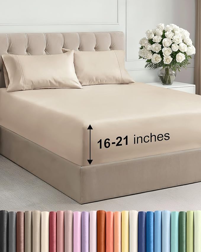 Extra Deep Pocket Cal King Size Sheet Set - 4 Piece Breathable & Cooling Bed Sheets - Hotel Luxury Bedding with 16 to 21 inch Extra Deep Pockets - Soft, Fade and Wrinkle Resistant - Oeko-Tex - Wheat