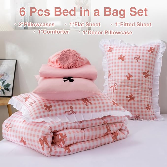 A Nice Night Bow Comforter Set,6 Piece Bed in a Bag with Comforter & Sheet Set,Chic Grid Bowknot Bedding Sets,Princess Themed Bed Sets for Kids Girls,Full