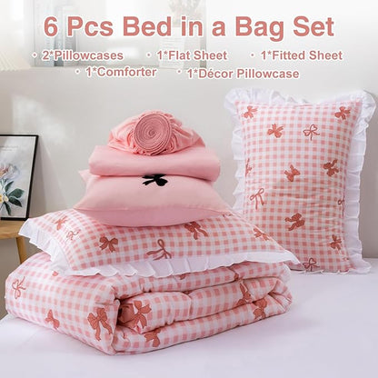 A Nice Night Bow Comforter Set,6 Piece Bed in a Bag with Comforter & Sheet Set,Chic Grid Bowknot Bedding Sets,Princess Themed Bed Sets for Kids Girls,Twin