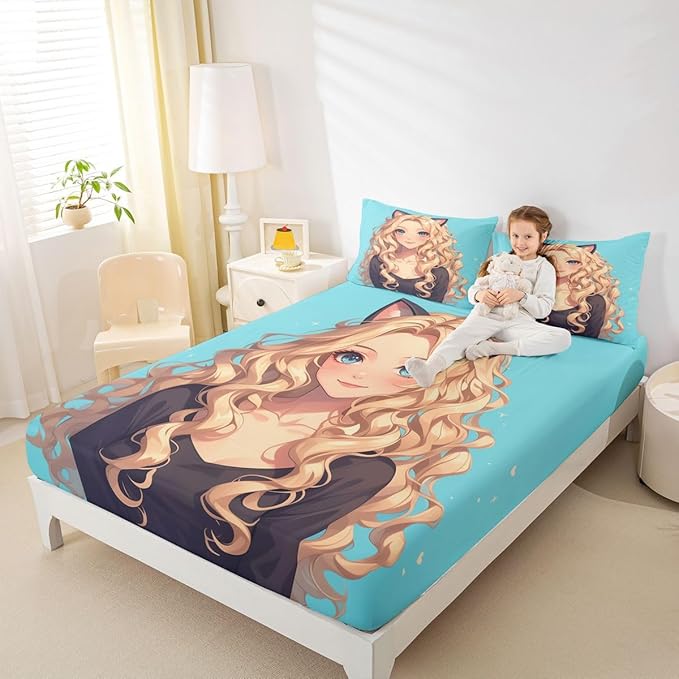 Erosebridal Kawaii Cat Girl Cute Fitted Sheet, 3D Japanese Style Bedding Set Japanese Anime Girl Sheets Twin, 1 Fitted Sheet 1 Pillowcase (No Flat Sheet)