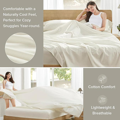 Comfort Spaces 100% Cotton Sheets Twin XL, Breathable, Soft Cotton Sheets, Naturally Cool Cotton Bed Sheets with 12" Elastic Pocket Fits up to 14" Mattress, All Season Sheet Set, Twin XL Ivory 3 Piece