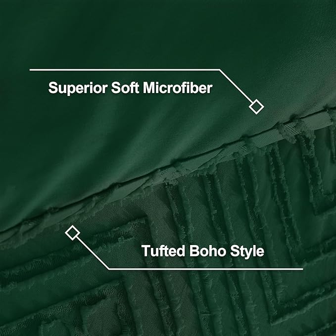 Litanika Emerald Green King Size Comforter Set, 3 Pieces Dark Green Tufted Boho Farmhouse Bedding Comforter Sets, Lightweight Fluffy All Season Comforter Bed Set (104x90In Comforter & 2 Pillowcases)