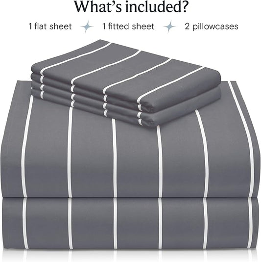 LuxClub 4 PC King Size Sheet Set, Breathable Luxury Bed Sheets, Deep Pockets 18" Wrinkle Free Cooling Machine Washable Hotel Bedding (Striped Light Grey)