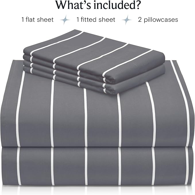 LuxClub 4 PC Cal King Size Sheet Set, Breathable Luxury Bed Sheets, Deep Pockets 18" Wrinkle Free Cooling Machine Washable Hotel Bedding (Striped Light Grey)