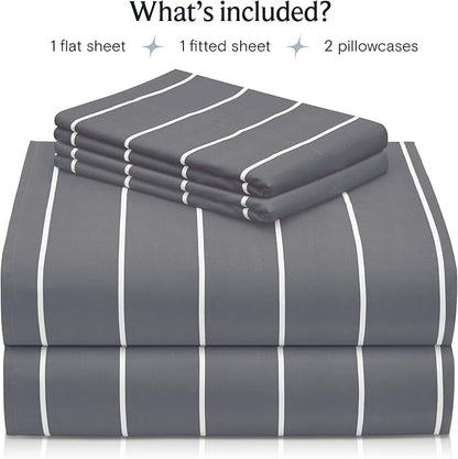 LuxClub 4 PC Cal King Size Sheet Set, Breathable Luxury Bed Sheets, Deep Pockets 18" Wrinkle Free Cooling Machine Washable Hotel Bedding (Striped Light Grey)