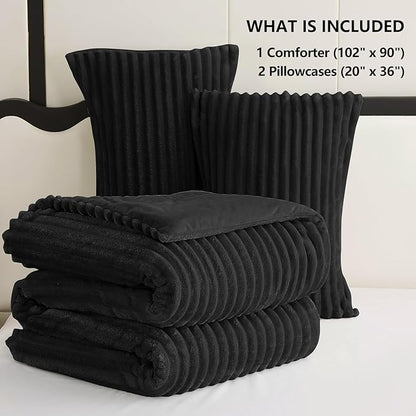 CozyLux Fluffy King Size Comforter Set - Super Soft Faux Fur Black Comforter King Size, Winter Warm Fleece Bedding Set, 3 Pieces Plush Fuzzy Bed Set (1 Shaggy Comforter, 2 Pillowcases)
