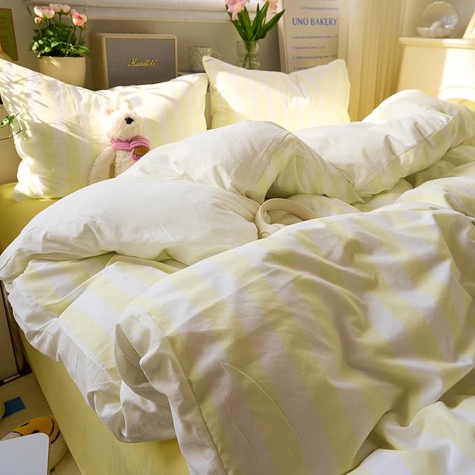 EAVD Yellow and White Vertical Striped Duvet Cover King Soft Washed Microfiber Farmhouse Yellow Striped Bedding Set with 2 Pillowcases Reversible Geometric Pattern Duvet Cover with Zipper Closure