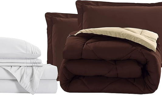 Elegant Comfort 7-Piece Bed-in-a-Bag Comforter & Sheet Set- Luxury 1500 Thread Count 7-Piece Full Size Bed-in-a-Bag, Super Cozy Bed Sheets and Comforter Set, Wrinkle and Stain Resistant, Brown/Cream