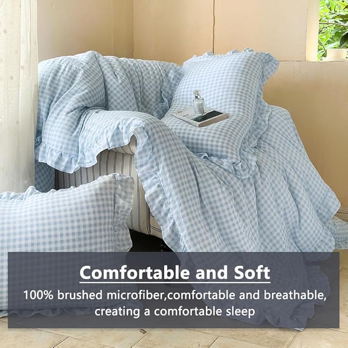 NSNLGSGC Light Blue Ruffle Gingham Comforter Set King, Pre-Washed Ruffled Plaid Checked Comforter Bedding, 3 Pieces Vintage Farmhouse Grid Bedding Set(Blue Gingham, King)
