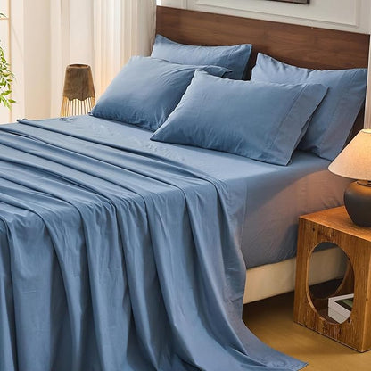 Bedlifes 100% French Flax Linen Sheets Set King Size - 6 Piece Extra Deep Pocket 18-24",Soft Breathable King Bed Sheets with Temperature Regulating & Moisture-Wicking(Flint Blue