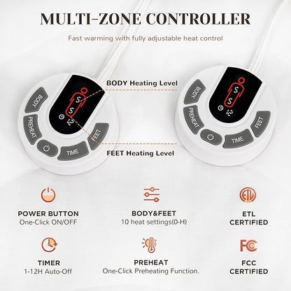 GOTCOZY Multi-Zone Heated Mattress Pad King Size - Electric Mattress Pad Fit up to 15" with 10 Heat Setting & 12 Hour Auto Off, Independent Body & Feet Heating, Machine Washable（Bleach）