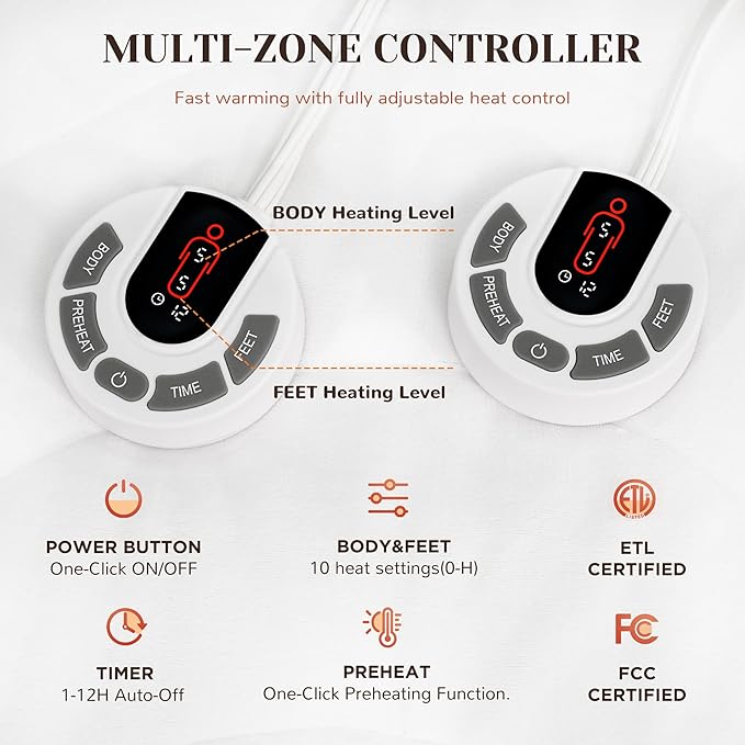 GOTCOZY Multi-Zone Heated Mattress Pad Cal King Size - Electric Mattress Pad Fit up to 15" with 10 Heat Setting & 12 Hour Auto Off, Independent Body & Feet Heating, Machine Washable（Bleach）