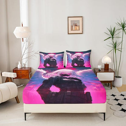 Erosebridal Queen Japanese Anime Bedding Set Anime Girl Fitted Sheet for Kids Girls Teens Men Bedroom, Cartoon Girl Bed Sheets Kawaii Japanese Animation Sheets 3 Piece with 2 Pillow Cases
