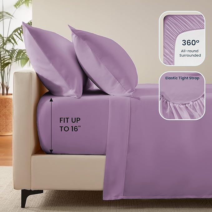 SLEEP ZONE Nanotex Super Soft Cooling Bed Sheets Set Cal King 4 Piece - Easy Care Fitted Flat Sheet & Pillowcase Sets - Wrinkle Free, Fade Resistant, Deep Pocket 16" (Lavender, Cal King)