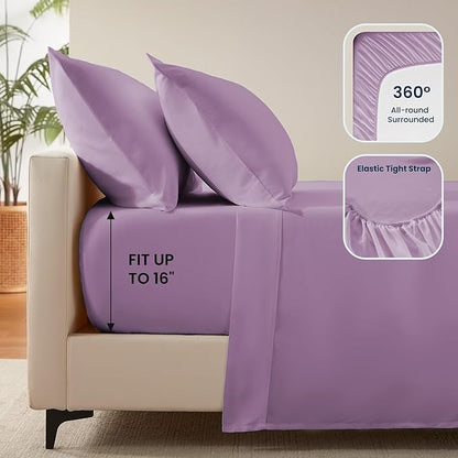 SLEEP ZONE Nanotex Super Soft Cooling Bed Sheets Set Cal King 4 Piece - Easy Care Fitted Flat Sheet & Pillowcase Sets - Wrinkle Free, Fade Resistant, Deep Pocket 16" (Lavender, Cal King)