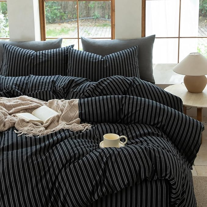 Striped Duvet Cover Set 100% Washed Cotton Linen Like Soft Feelling Breathable Bedding(Strip-Black/White,Twin)