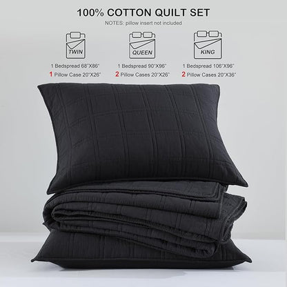 HORIMOTE HOME 100% Cotton Quilt Set Queen Size, Charcoal Pre-Washed Bedspreads Coverlet Set in Geometric Pattern, Cozy Lightweight Stitching Decorative Bedding Cover with 2 Shams for All Season