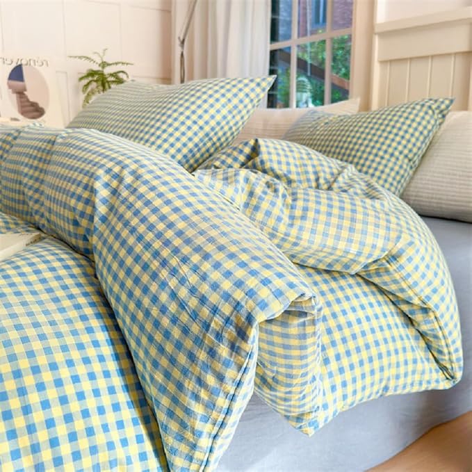 LifeTB Twin XL Comforter Set Blue Yellow Gingham Comforter for Men Boys Modern Plaid Grid Pattern Comforter Set Soft Lightweight Bedding Set Fluffy Boho Plaid Checkered Comforter with 2 Pillowcases