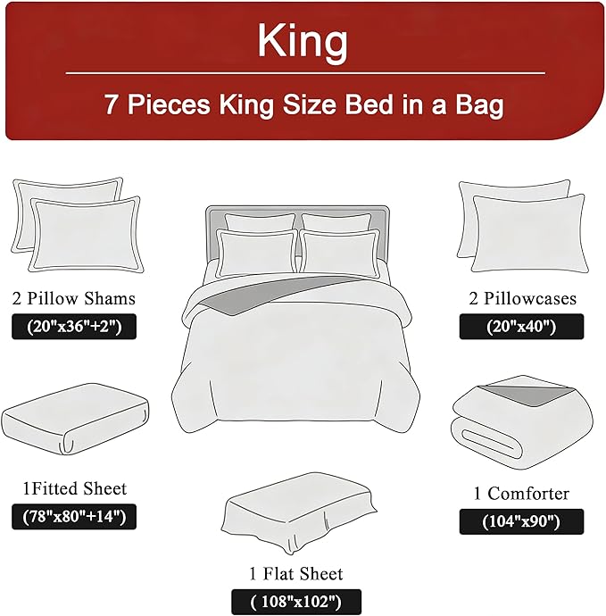 King Size Bed in A Bag Comforter Set for Women, 7Pcs Black and Red Bedding Set Vintage Floral Comforter, 1 Comforter 104"x90"&2 Pillowcases&1 Flat Sheet&1 Fitted Sheet&2 Pillowshams