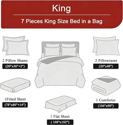 King Size Bed in A Bag Comforter Set for Women, 7Pcs Black and Red Bedding Set Vintage Floral Comforter, 1 Comforter 104"x90"&2 Pillowcases&1 Flat Sheet&1 Fitted Sheet&2 Pillowshams
