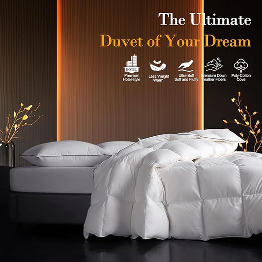 Down Fibers Comforter Queen Size,Luxurious All Seasons Hotel Collection Duvet Insert,54 Oz High Bulkiness Medium Warmth,Fluffy & Breathable for Bedroom, Guestroom, Hotel (White,90x90)