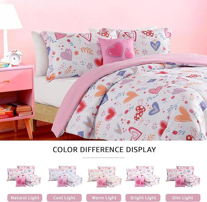 Twin Comforter Set for Girls-3 Pieces Heart Love Twin Bedding Sets for Kids,1 Comforter,1 Sham and 1 Decor Pillow